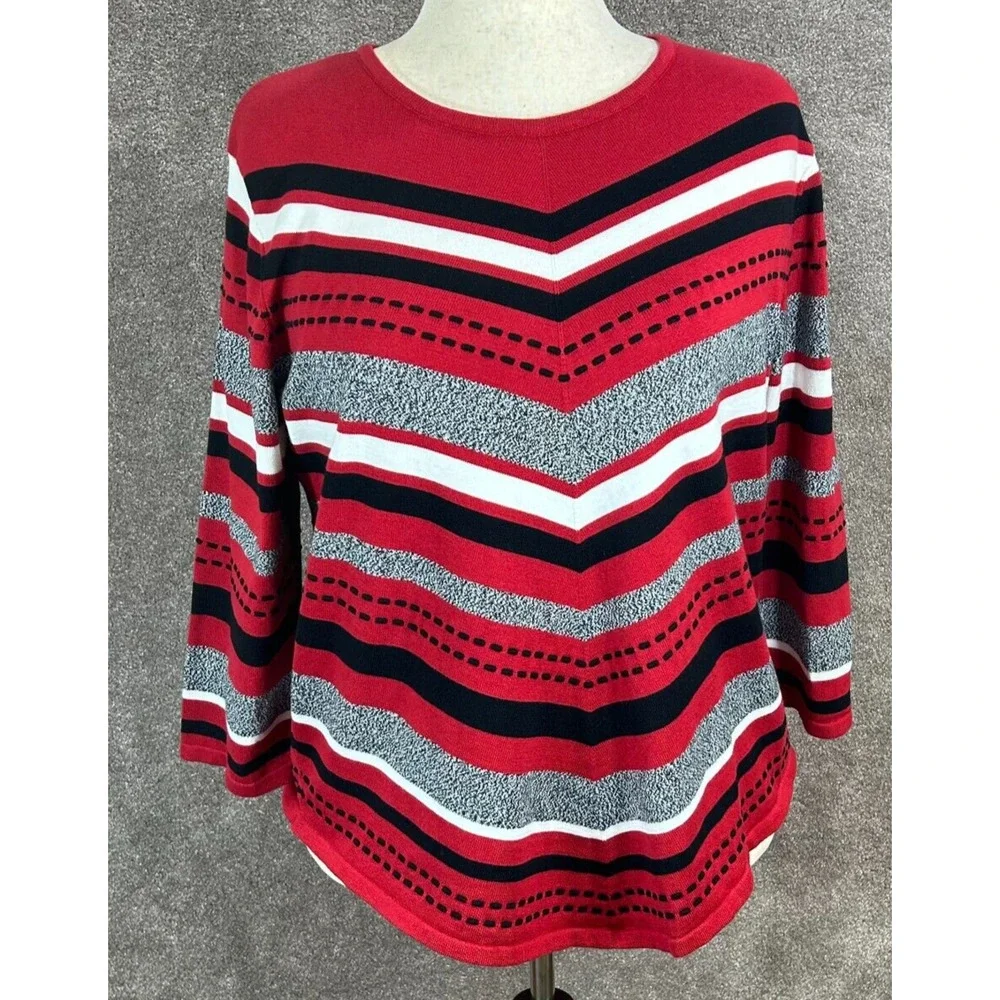 Alfred Dunner Sweater Womens XL Red Gray‎ Stripe Pullover 3/4 Sleeve Round Neck